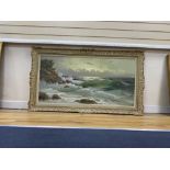 Bomuzen, oil on canvas, Waves breaking on the shore, signed, 60 x 120cm