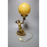 An Art Deco gilt patinated spelter figural globe lamp, overall height 43cm