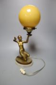 An Art Deco gilt patinated spelter figural globe lamp, overall height 43cm