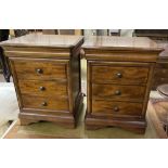 A pair of modern mahogany three drawer bedside chests, width 49cm depth 42cm height 66cm