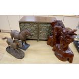 Heredities cold cast bronzes (two horses), oak cabinet, width 41cm with cold cast bronze doors and