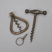 A Bow corkscrew, a small medicine bottle corkscrew and one other corkscrew