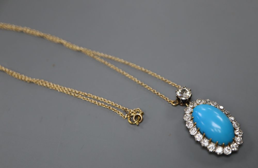 A yellow metal, turquoise and diamond set oval pendant necklace, pendant 3cm, gross 6 grams, the