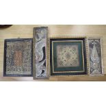 Two Indian mica panels, a silk thread panel and another, largest 33 x 8cm