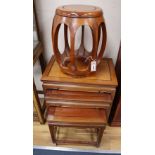A Chinese hardwood jardiniere stand and a nest of tables, tables width 56cm, depth 38cm, height