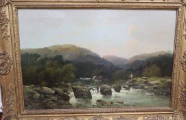 Allam, oil on canvas, Angler beside a weir, signed, 40 x 60cm