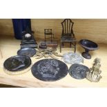 A group of 19th century iron and bronze ornaments, plaques, watch holder and urn
