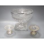 A deeply cut glass pedestal bowl, diameter 20cm and a pair of miniature glass comports, diameter