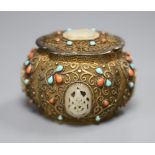 A Chinese gilt metal, jade and coral? mounted box and cover, height 6.5cm