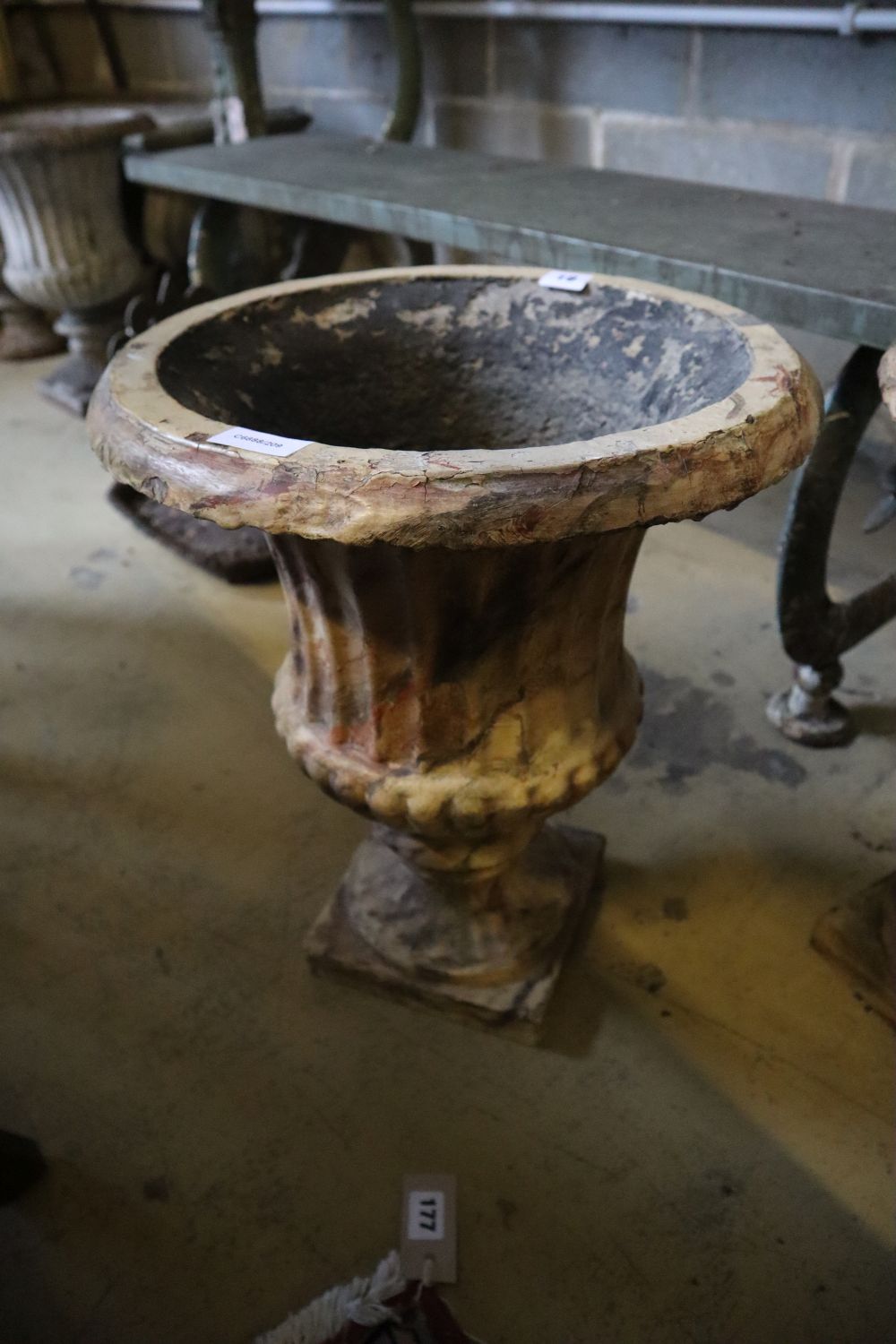 A pair of Victorian faux marble cast iron urn campana garden urns, 39cm diameter, height 46cm - Image 3 of 3