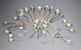A group of assorted 19th century and later minor silver flatware, two white metal items and a plated