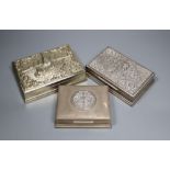 Three Thai white metal cigarette boxes, largest 16.1cm.