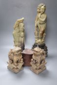 A pair of large Chinese soapstone figures of immortals, tallest 43cm and a pair of similar