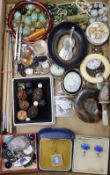 Assorted jewellery etc. including violin vesta case and a child's silver rattle.