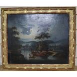 Circle of George Chinnery, oil on canvas, Chinese landscape with figures in boats under moonlight,