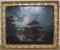 Circle of George Chinnery, oil on canvas, Chinese landscape with figures in boats under moonlight,