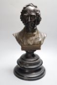 A painted terracotta bust of Disraeli, later plinth height 33cm