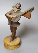 A 1930's Pierrot musician playing the lute, on alabaster plinth, height 23cmCONDITION: The tuning
