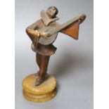 A 1930's Pierrot musician playing the lute, on alabaster plinth, height 23cmCONDITION: The tuning