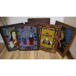 Continental School, eight reverse painted glass panels, Religious scenes, 38 x 29cm approx.