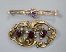 A 9ct gold, amethyst and seed pearl bar brooch, gross 2.9g and a Victorian pierced scrollwork brooch