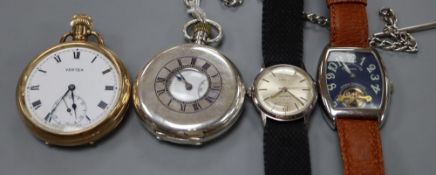 A J.W Benson silver half hunter keyless pocket watch, with albert, a gold plated Vertex pocket watch