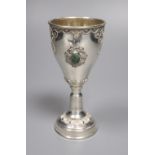 A 20th century Israeli 925 and cabochon set goblet, inscribed 'Dorothee', 13.4cm, gross 2 oz.