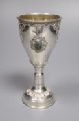 A 20th century Israeli 925 and cabochon set goblet, inscribed 'Dorothee', 13.4cm, gross 2 oz.