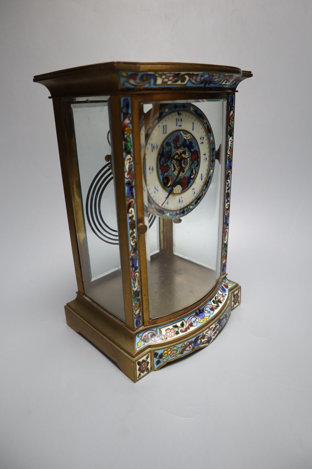 A late 19th / early 20th century French champleve enamel four glass mantel clock, height 27cm - Image 4 of 7