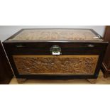 A Chinese carved camphor lined chest, width 110cm, depth 54cm, height 63cm