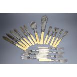 A pair of Edwardian silver ivory handled fish servers by Mappin & Webb, six pairs of late