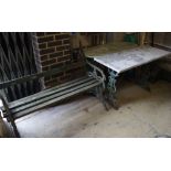 A Victorian painted cast iron slatted garden bench, width 126cm together with two cast iron marble