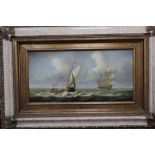 Jean Laurent (1898-1988), oil on canvas, Sail barge and other shipping at sea, 29 x 60cm
