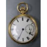 A late Victorian 18ct gold open face keyless lever pocket watch, by London & Ryder, London, case