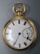 A late Victorian 18ct gold open face keyless lever pocket watch, by London & Ryder, London, case