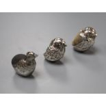 An Edwardian silver mounted 'hatching duckling' pin cushion, Birmingham, 1908, 23mm and two modern