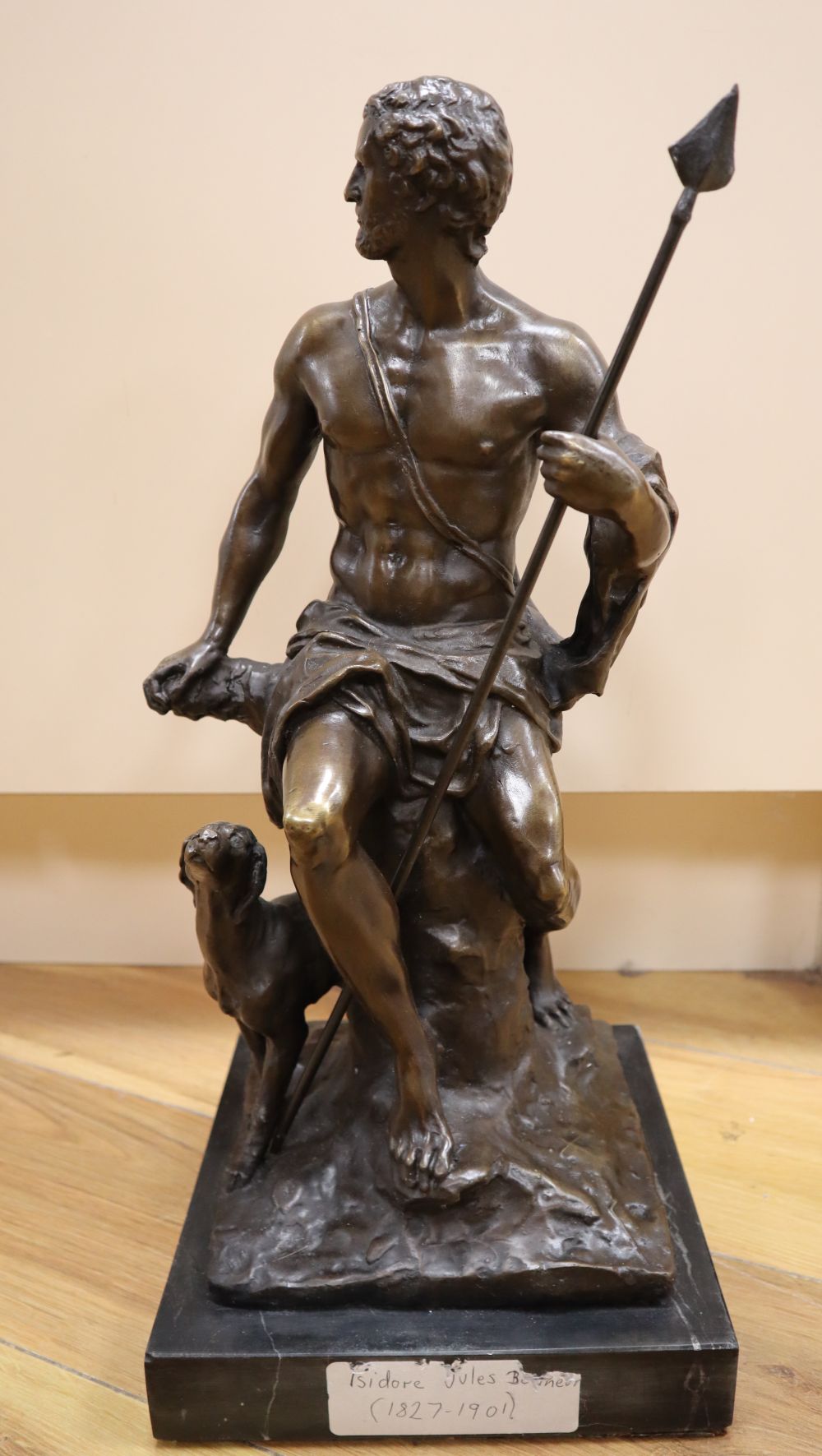 After Isidore Jules Bonheur. A bronze model of a male seated with a dog, height 47cm