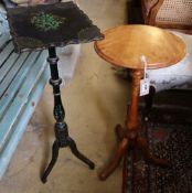 A Victorian satin walnut tripod wine table, 35cm diameter together with a Victorian painted tripod