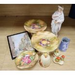 A Victorian John Bevington earthenware female figure, a Japanese cruet and a honey pot in Clarice