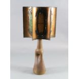 A French Accolay pottery copper and glass shard table lamp, c.1970, with concave hexagonal shade,