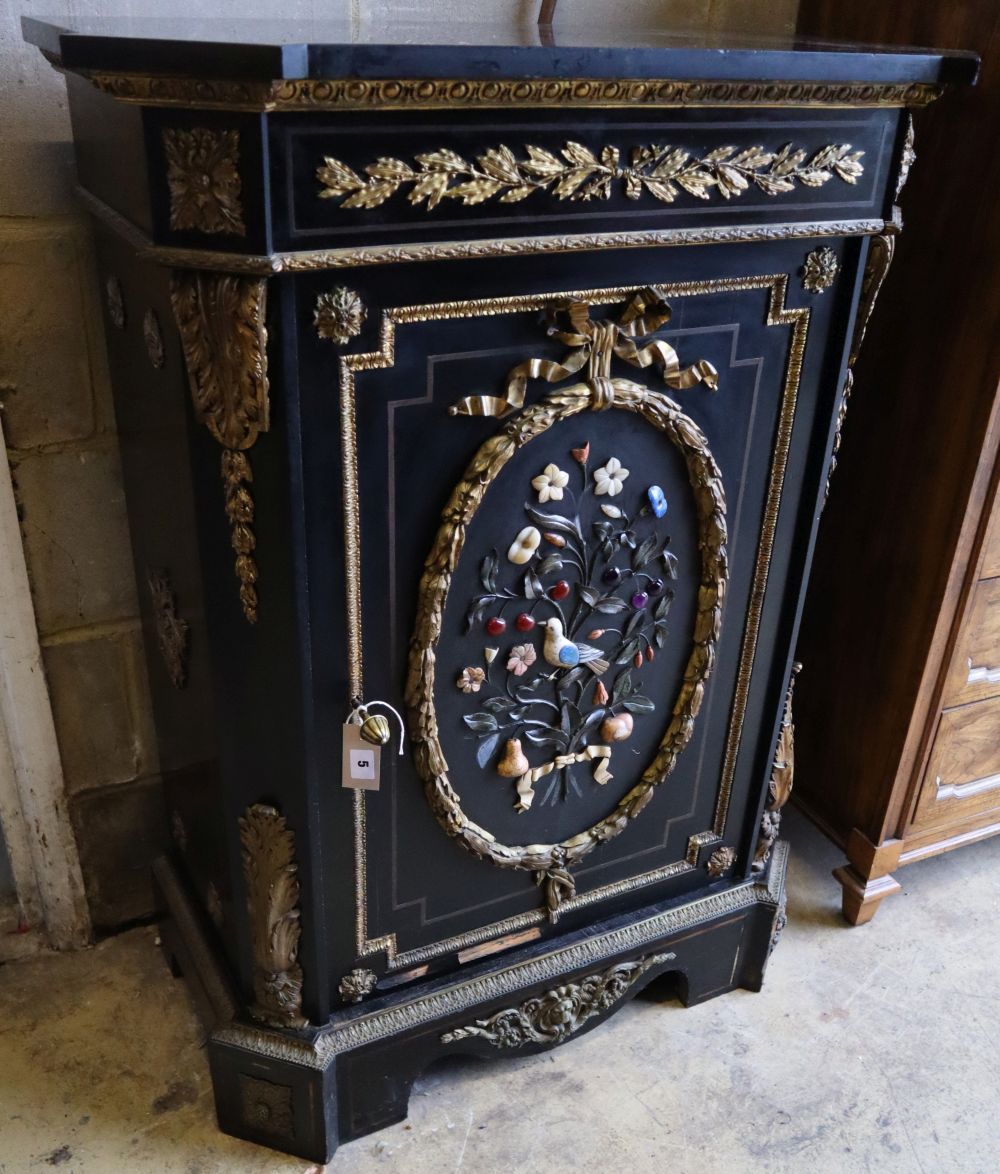 A Victorian ebonised gilt metal and hardstone mounted pier cabinet with black slate top, width 83cm,