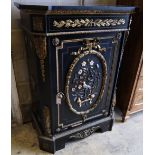 A Victorian ebonised gilt metal and hardstone mounted pier cabinet with black slate top, width 83cm,