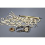 Assorted cultured pearl necklace sections, a 9ct gold and gem set clasp, gross 10.9 grams, a pen and