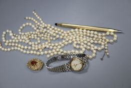 Assorted cultured pearl necklace sections, a 9ct gold and gem set clasp, gross 10.9 grams, a pen and