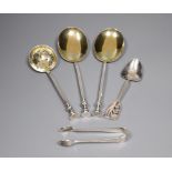 A pair of George V silver 'seal top' serving spoons by Mappin & Webb, a silver sifter spoon, pair of