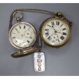 A brass "Railway Timekeeper" pocket watch, a 935 pocket watch and a silver ingot pendant.