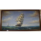 A modern oil on canvas of clipper ships at sea, 60 x 121cm