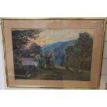 Early 20th century English School, pastel, Farmer and two horses at sunset, 30 x 45cm