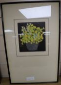Eric Hall Thorpe, colour woodcut, Spring flowers in a vase, signed, 18.5 x 16.5cm