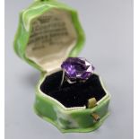 A white metal (stamped 18ct) and fancy hexagonal cut solitaire amethyst dress ring, size K, gross